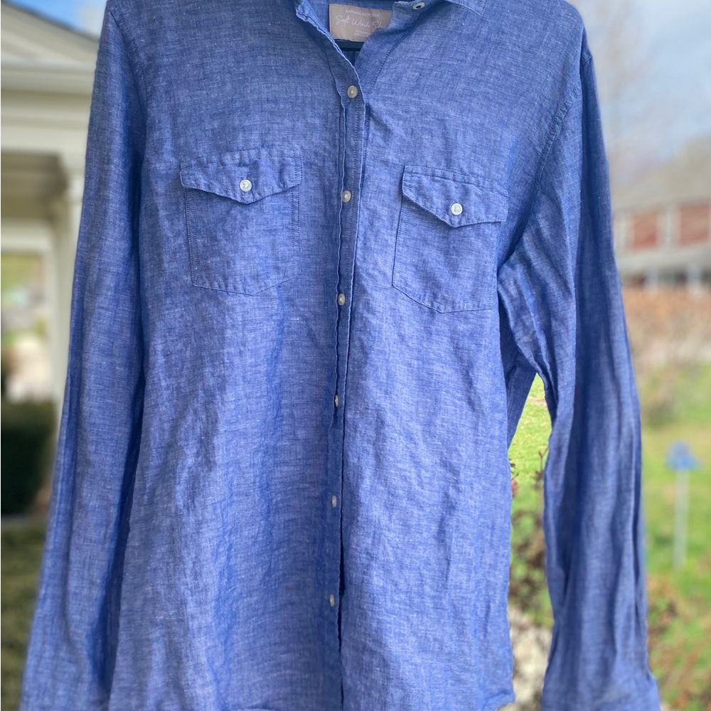 Women’s Blue Linen Button-Up Shirt ~ Large TALL